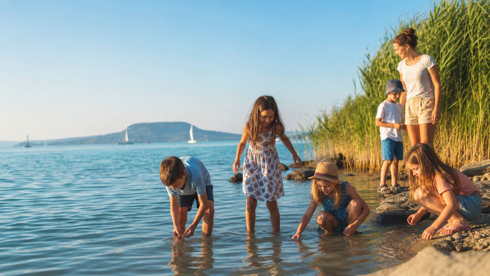 Gyermekek játszanak a Balaton sekély vizében felnőtt felügyelete mellett